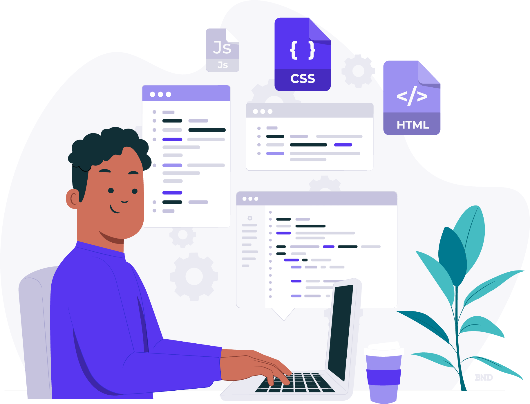 graphic of person using a laptop with coding pages floating beside them