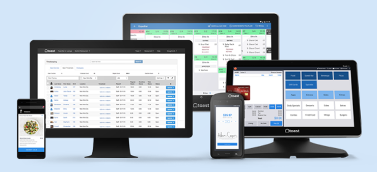 Toast POS devices include a display, smartphone, tablet and computer